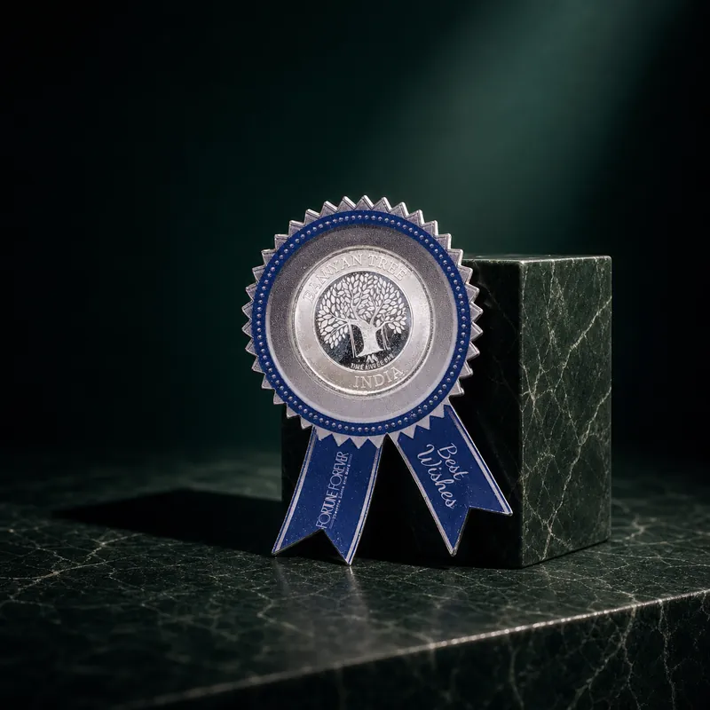 Blue Rosette Award-Ribbon Coin Holder — Banyan Tree 10 g - detail - 925 Sterling Silver