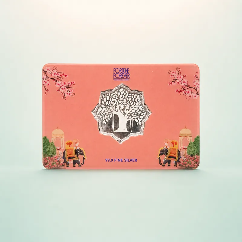 Coral Elephant Card with Lotus-Cut Tree-of-Life Silver Bar - front - 925 Sterling Silver