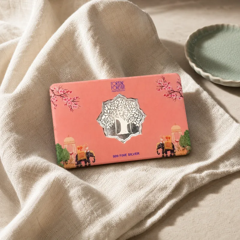 Coral Elephant Card with Lotus-Cut Tree-of-Life Silver Bar - detail - 925 Sterling Silver