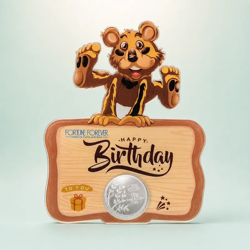 "Happy Birthday" Teddy Acrylic Standee · 10 g Fine Silver 999 - front - 925 Sterling Silver