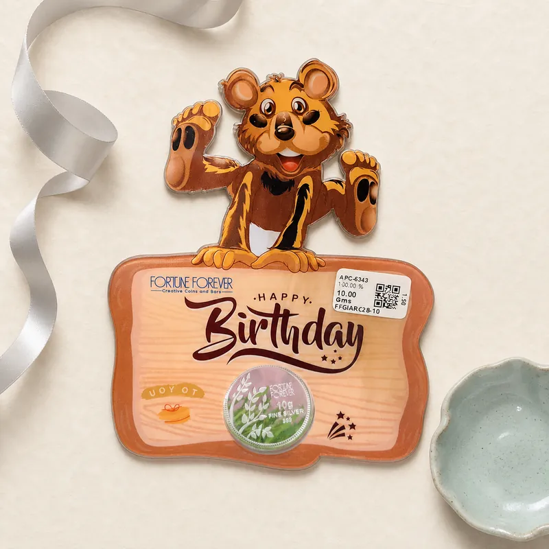 "Happy Birthday" Teddy Acrylic Standee · 10 g Fine Silver 999 - detail - 925 Sterling Silver