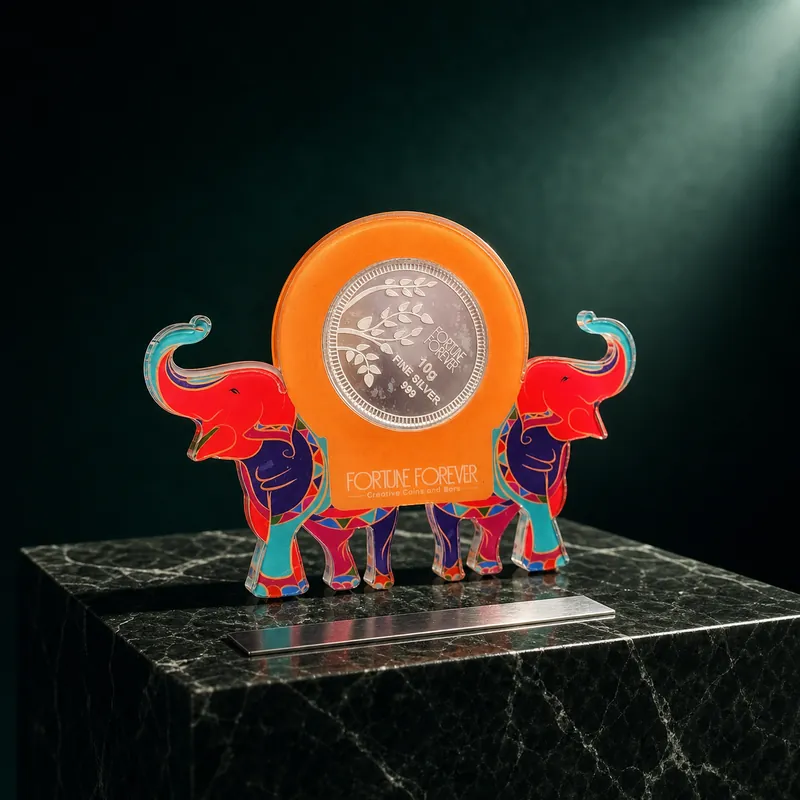 Twin Rajasthani Elephant Acrylic Coin Stand · 10 g Fine Silver 999 - detail - 925 Sterling Silver