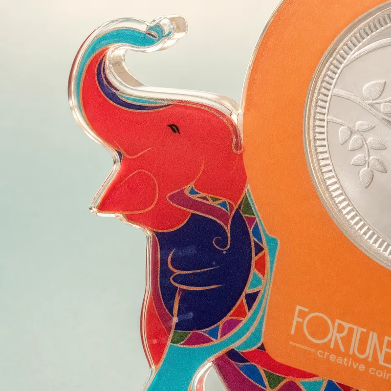 Twin Rajasthani Elephant Acrylic Coin Stand · 10 g Fine Silver 999 - alternate view - 925 Sterling Silver