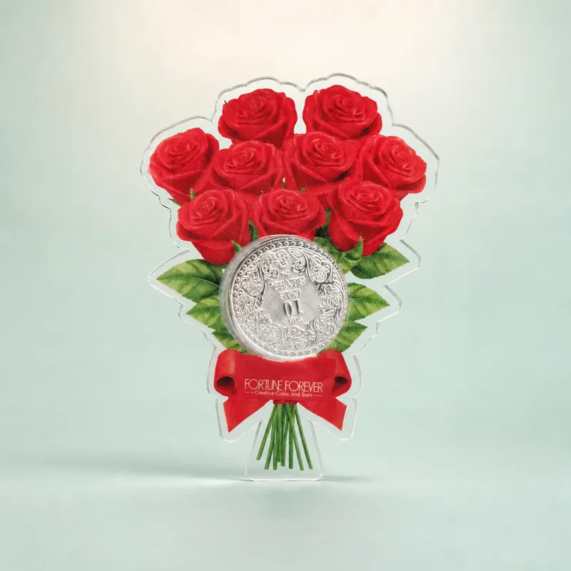 Red Rose Bouquet Die-Cut Coin Card — 10 GMS Ornate Floral Silver Coin - front - 925 Sterling Silver