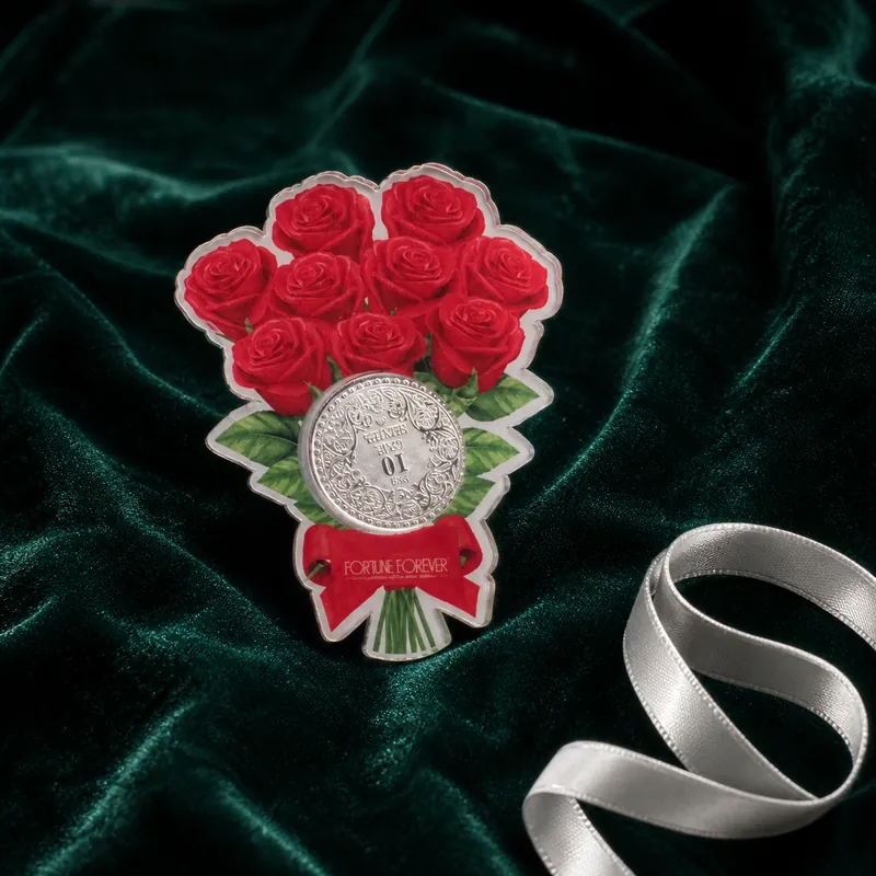 Red Rose Bouquet Die-Cut Coin Card — 10 GMS Ornate Floral Silver Coin - detail - 925 Sterling Silver
