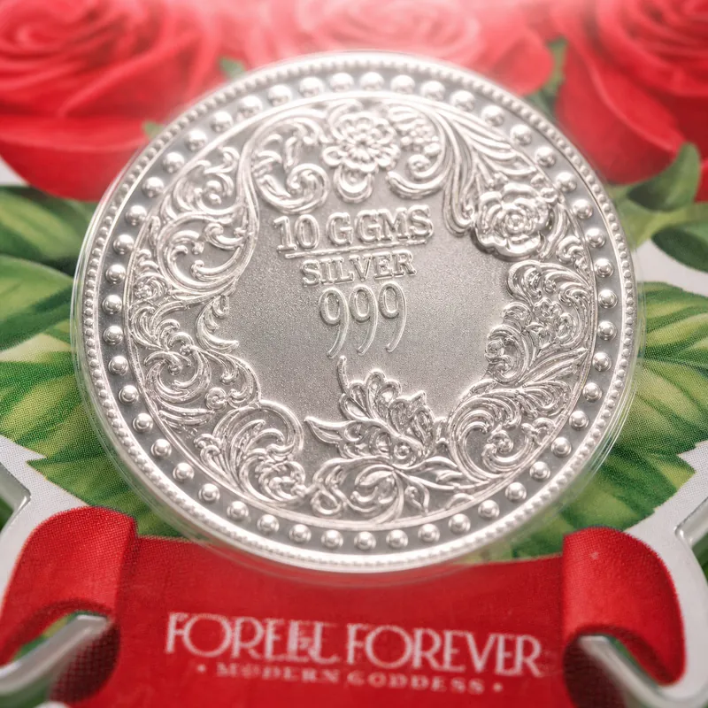 Red Rose Bouquet Die-Cut Coin Card — 10 GMS Ornate Floral Silver Coin - alternate view - 925 Sterling Silver