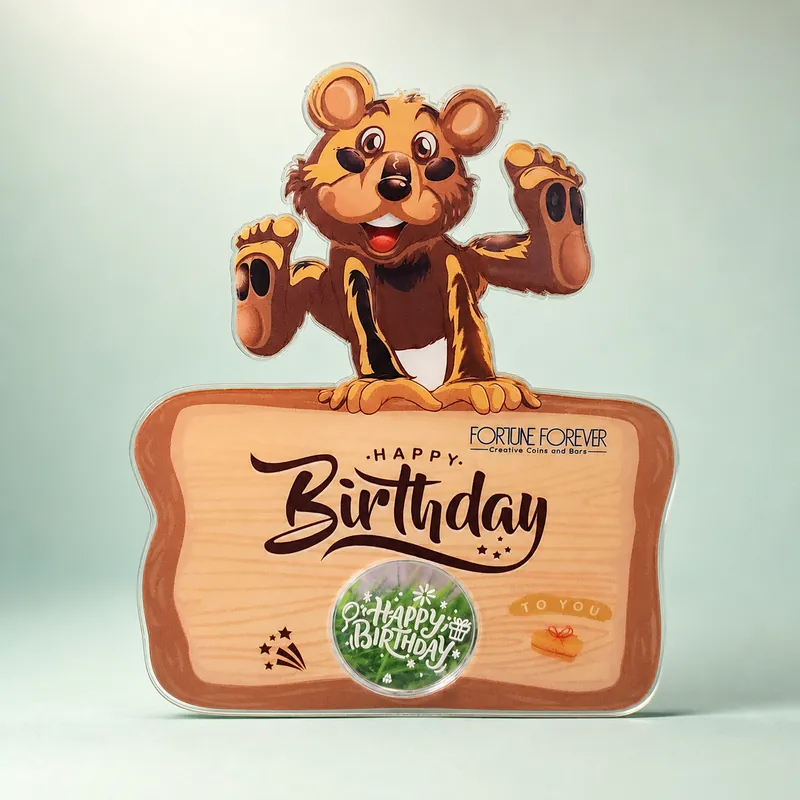 "Happy Birthday" Teddy Bear Plaque Coin Card - front - 925 Sterling Silver