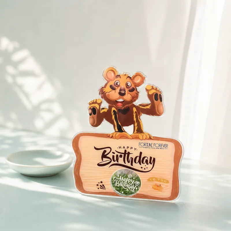 "Happy Birthday" Teddy Bear Plaque Coin Card - detail - 925 Sterling Silver