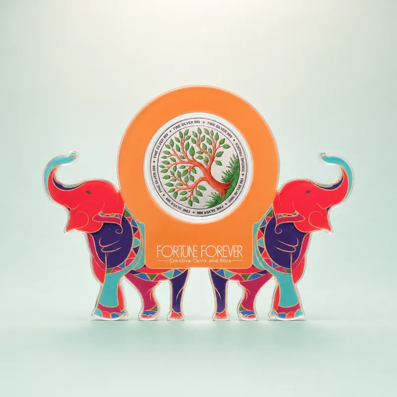 Twin-Elephant Arch Card with Colour-Printed Tree-of-Life Silver Coin - front - 925 Sterling Silver