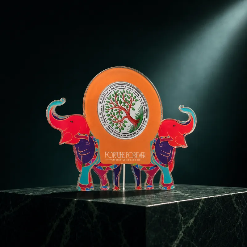 Twin-Elephant Arch Card with Colour-Printed Tree-of-Life Silver Coin - detail - 925 Sterling Silver