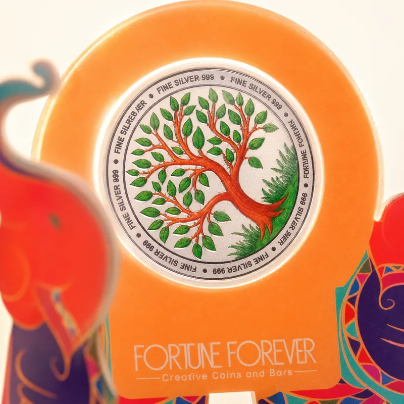 Twin-Elephant Arch Card with Colour-Printed Tree-of-Life Silver Coin - alternate view - 925 Sterling Silver