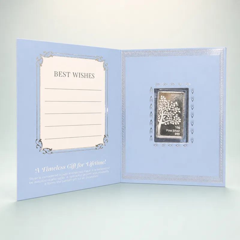 Periwinkle-Blue "Best Wishes" Folding Gift Card — 10g Tree-of-Life Silver Bar - front - 925 Sterling Silver