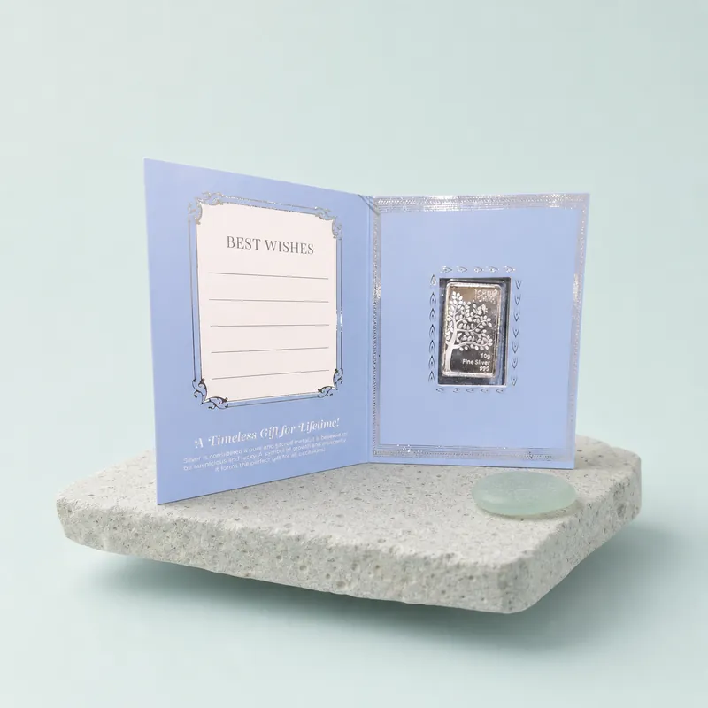 Periwinkle-Blue "Best Wishes" Folding Gift Card — 10g Tree-of-Life Silver Bar - detail - 925 Sterling Silver