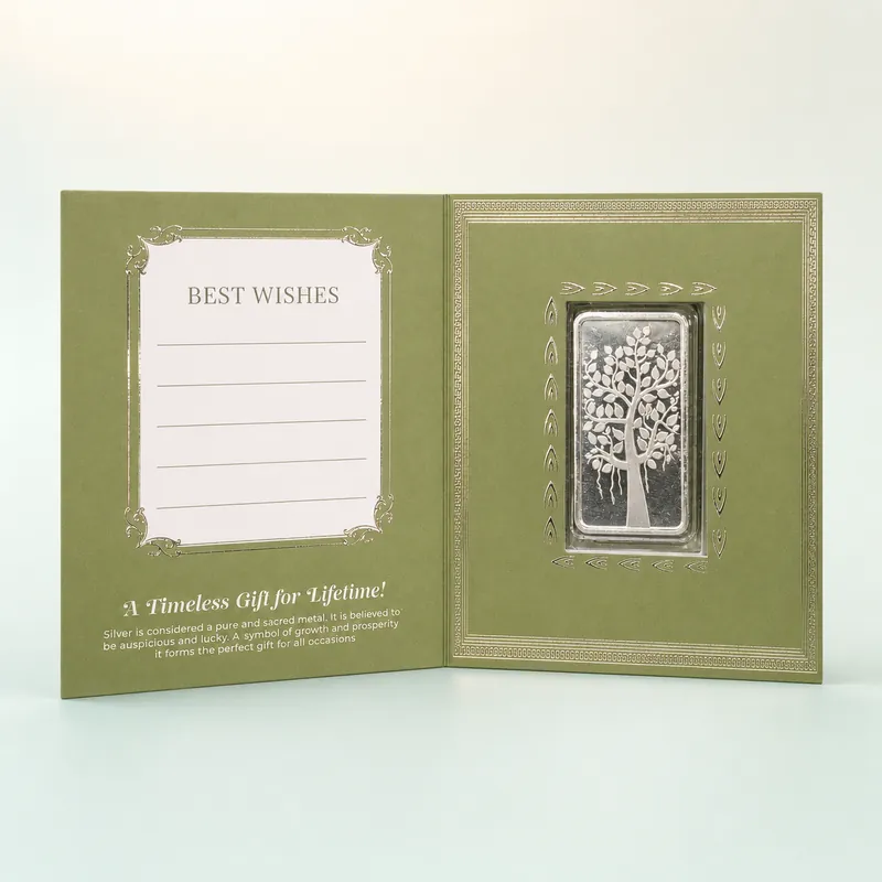 Olive-Green "Best Wishes" Folding Gift Card — Tree-of-Life Silver Bar - front - 925 Sterling Silver