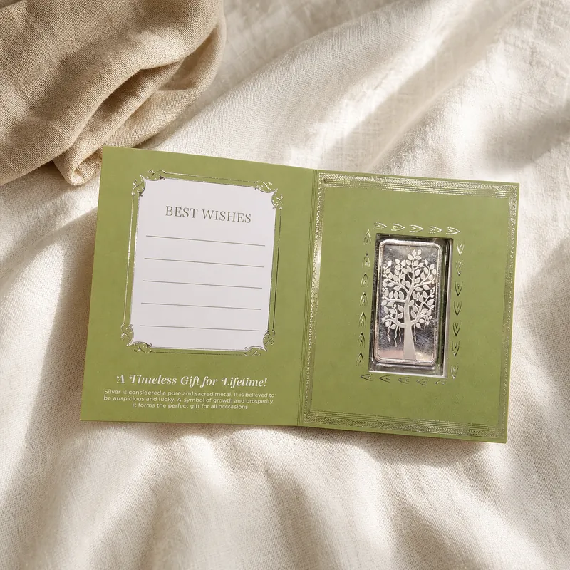Olive-Green "Best Wishes" Folding Gift Card — Tree-of-Life Silver Bar - detail - 925 Sterling Silver
