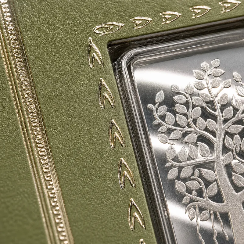 Olive-Green "Best Wishes" Folding Gift Card — Tree-of-Life Silver Bar - alternate view - 925 Sterling Silver