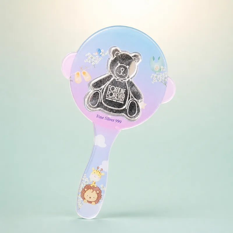 Baby Rattle Die-Cut Card with Teddy-Bear Fine Silver Coin - 925 Sterling Silver on seaglass background