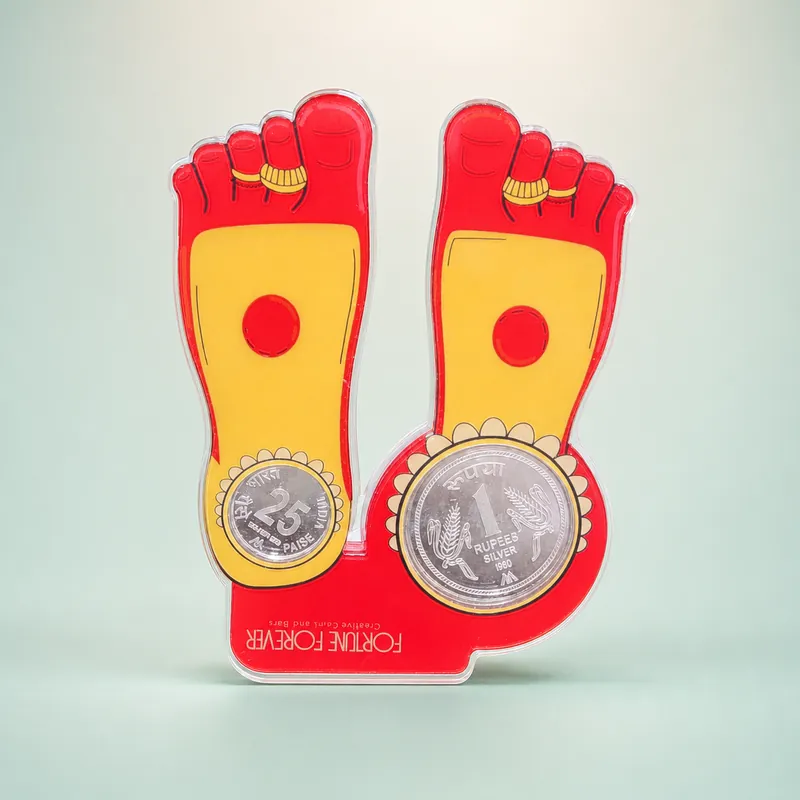 God Feet Die-Cut Card with Twin Silver Coins (25 Paise + 1 Rupee) - front - 925 Sterling Silver