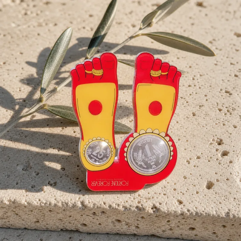 God Feet Die-Cut Card with Twin Silver Coins (25 Paise + 1 Rupee) - detail - 925 Sterling Silver