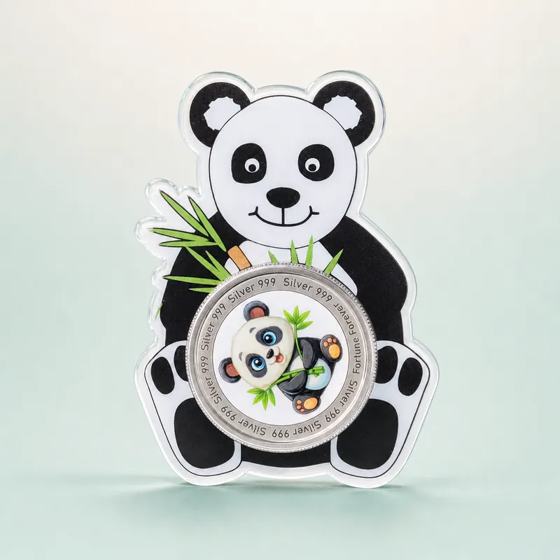 Panda Die-Cut Card with Colour-Printed Baby-Panda Silver Coin - front - 925 Sterling Silver