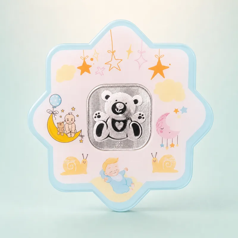 Baby Star-and-Cloud Card with Oxidised Teddy-Bear Silver Coin - 925 Sterling Silver on seaglass background