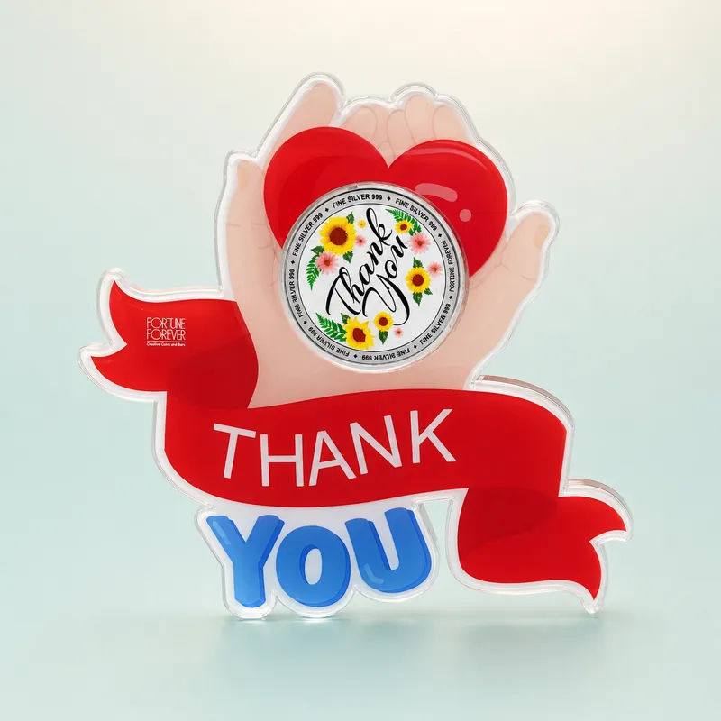 "Thank You" Heart-in-Hands Card with Sunflower Colour-Printed Silver Coin - 925 Sterling Silver on seaglass background