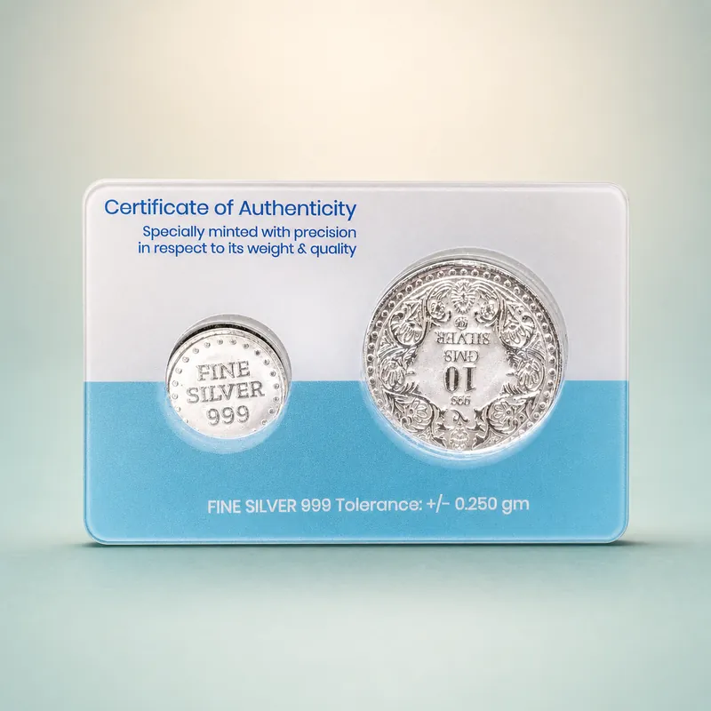 Certificate-of-Authenticity Blister Card — 10 GMS Ornate Floral Silver Coin - 925 Sterling Silver on seaglass background