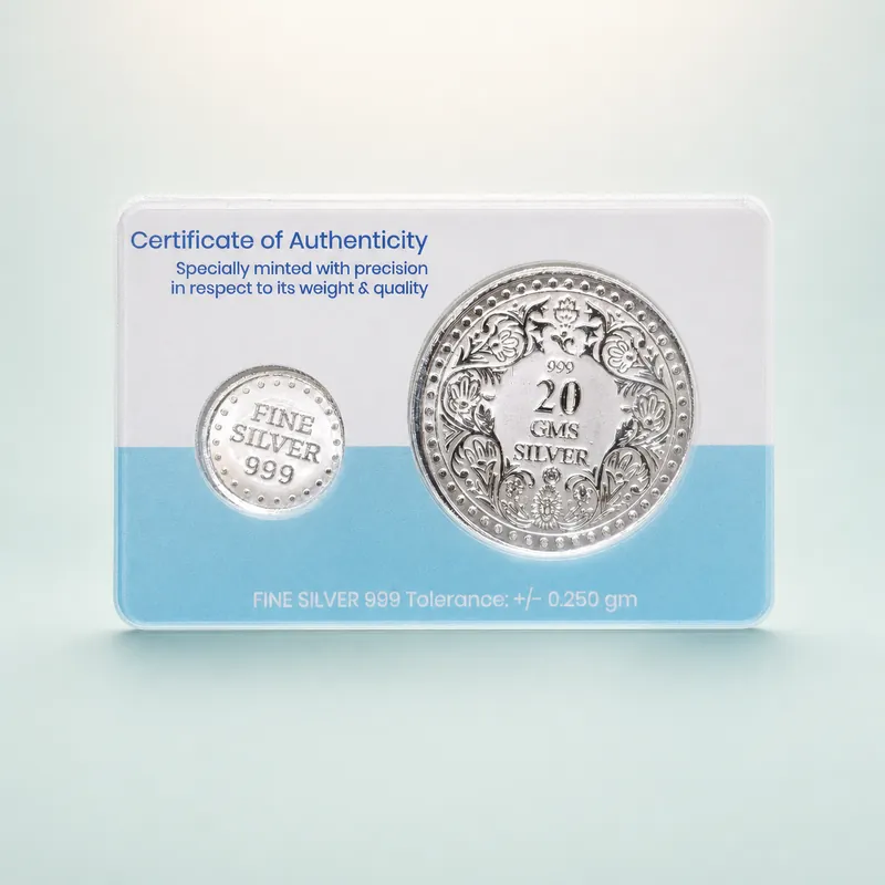 Certificate-of-Authenticity Blister Card — 20 GMS Ornate Floral Silver Coin - 925 Sterling Silver on seaglass background