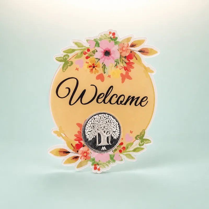 "Welcome" Floral Oval Card with Tree-of-Life Silver Coin - 925 Sterling Silver on seaglass background