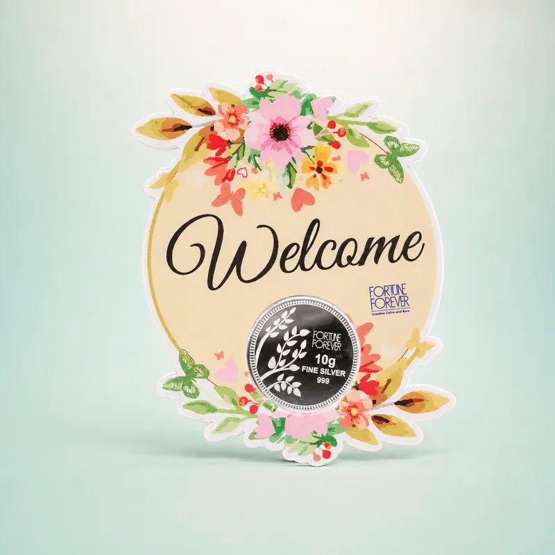 "Welcome" Floral Oval Card with 10g Fortune Forever Branch Coin - 925 Sterling Silver on seaglass background