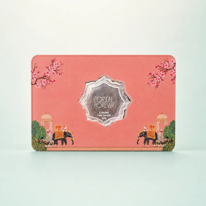 Coral Rajasthani Card with 5 Gram Lotus-Cut Fine Silver Coin - front - 925 Sterling Silver