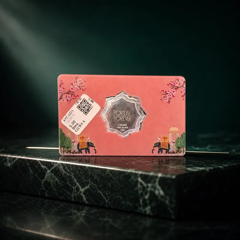 Coral Rajasthani Card with 5 Gram Lotus-Cut Fine Silver Coin - detail - 925 Sterling Silver