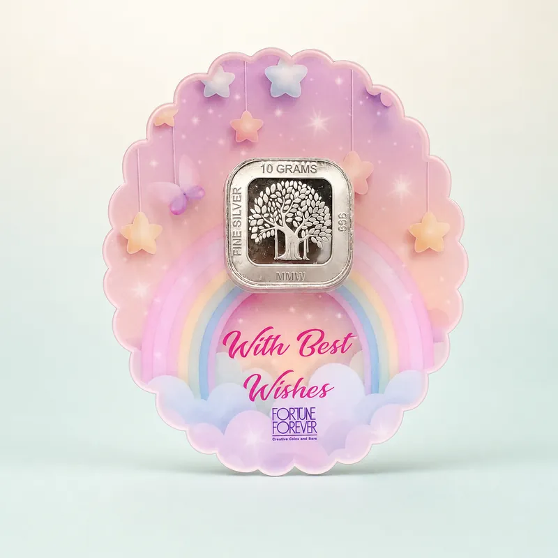 Pastel Rainbow "With Best Wishes" Card with 10 Gram Tree-of-Life Silver Bar - front - 925 Sterling Silver