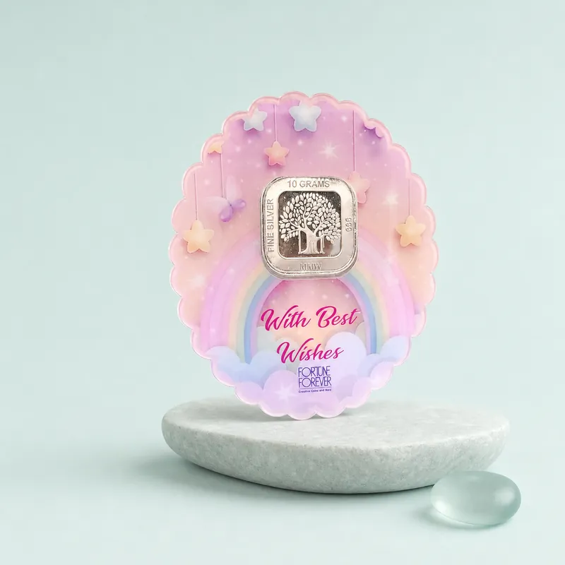 Pastel Rainbow "With Best Wishes" Card with 10 Gram Tree-of-Life Silver Bar - detail - 925 Sterling Silver