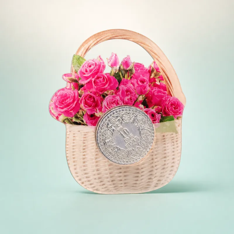 Rose Basket Die-Cut Card with 10 GMS Ornate Silver Coin - front - 925 Sterling Silver