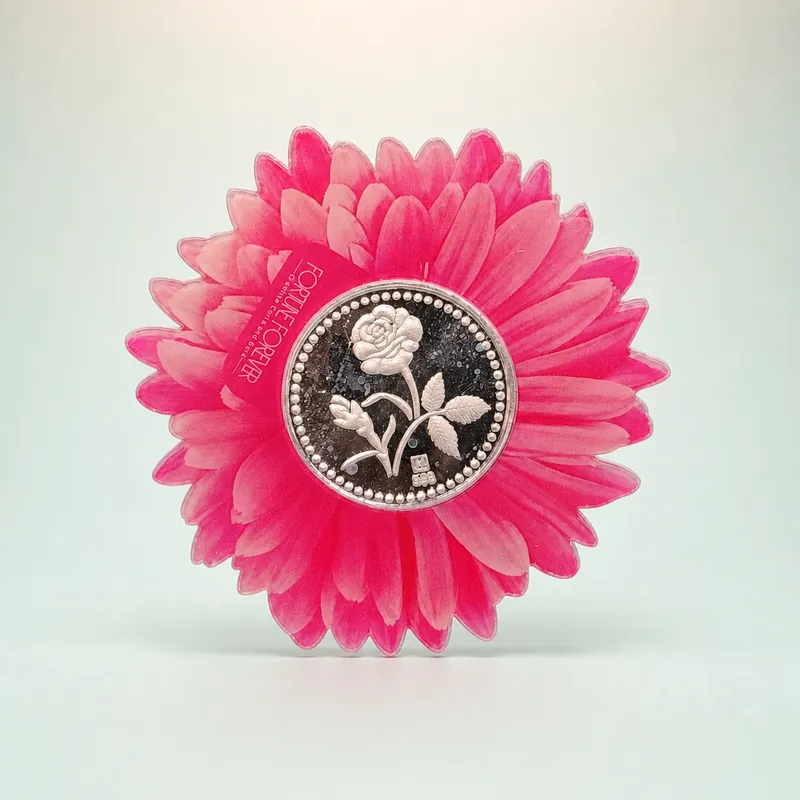 Pink Gerbera Daisy Card with Oxidised Rose-Motif Silver Coin - front - 925 Sterling Silver