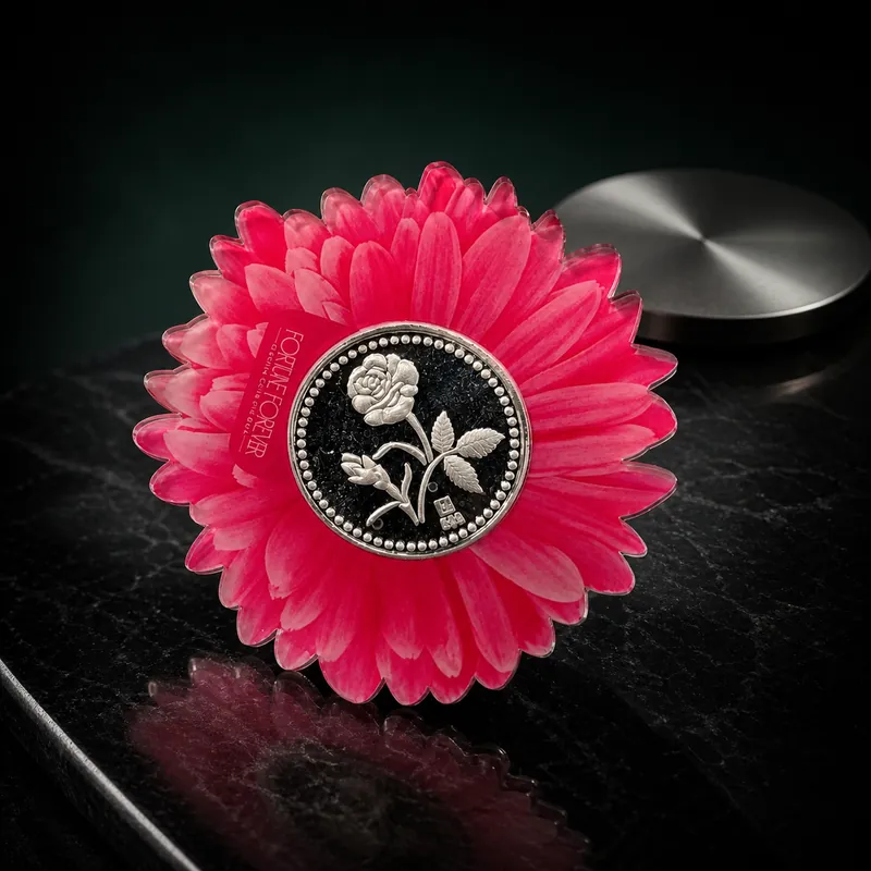 Pink Gerbera Daisy Card with Oxidised Rose-Motif Silver Coin - detail - 925 Sterling Silver
