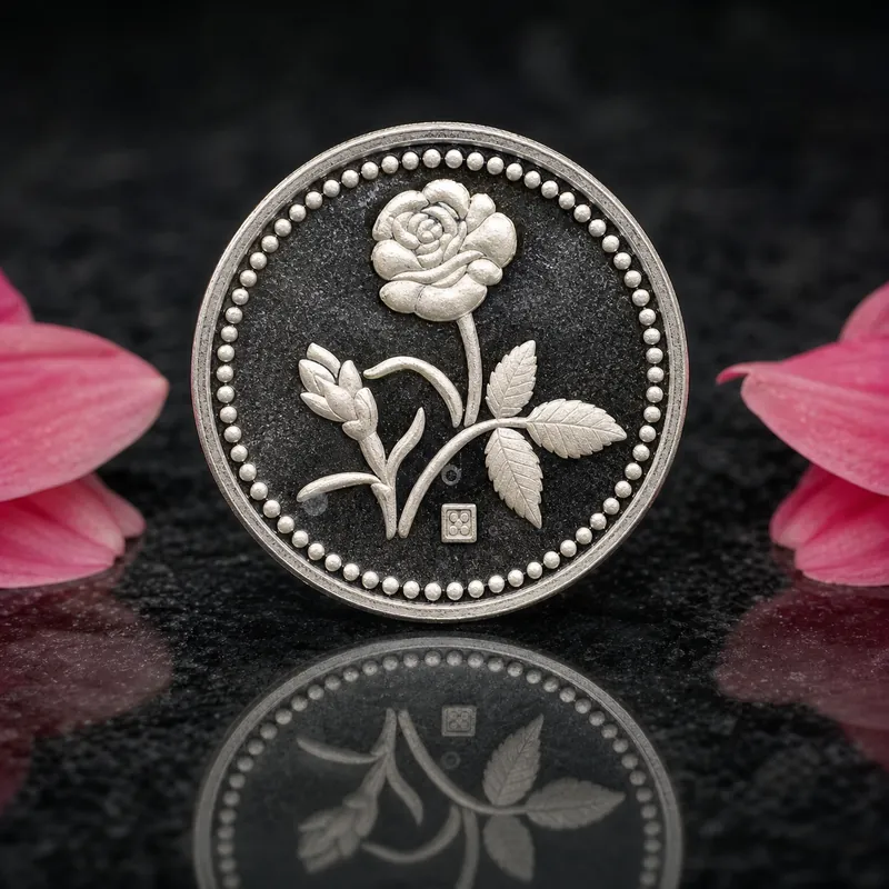 Pink Gerbera Daisy Card with Oxidised Rose-Motif Silver Coin - alternate view - 925 Sterling Silver