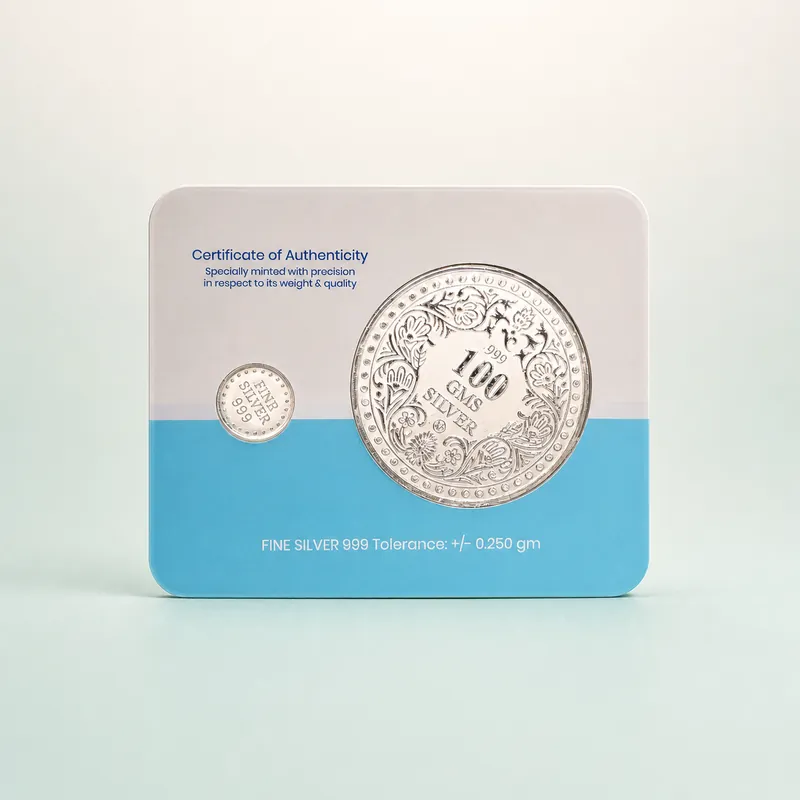 Certificate-of-Authenticity Blister Card — 100 GMS Ornate Floral Silver Coin - 925 Sterling Silver on seaglass background