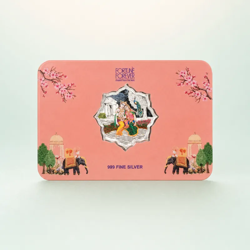Coral Rajasthani Card with Radha-Krishna Colour-Printed Lotus-Cut Silver Coin — ★ BEST-SELLER - front - 925 Sterling Silver