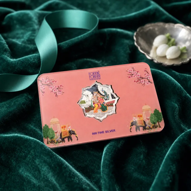 Coral Rajasthani Card with Radha-Krishna Colour-Printed Lotus-Cut Silver Coin — ★ BEST-SELLER - detail - 925 Sterling Silver