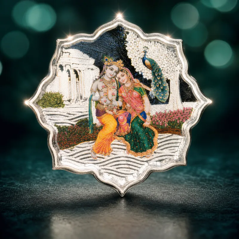 Coral Rajasthani Card with Radha-Krishna Colour-Printed Lotus-Cut Silver Coin — ★ BEST-SELLER - alternate view - 925 Sterling Silver