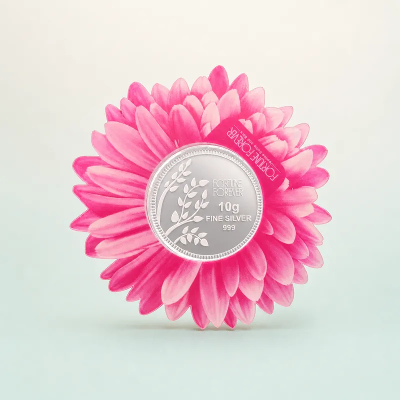 Pink Gerbera Daisy Card with 10g Fortune Forever Branch Coin - front - 925 Sterling Silver