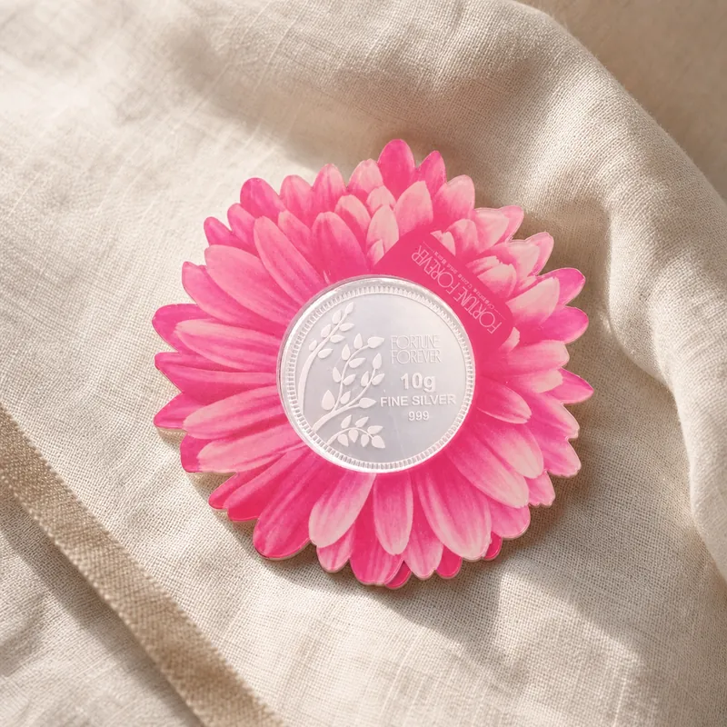 Pink Gerbera Daisy Card with 10g Fortune Forever Branch Coin - detail - 925 Sterling Silver