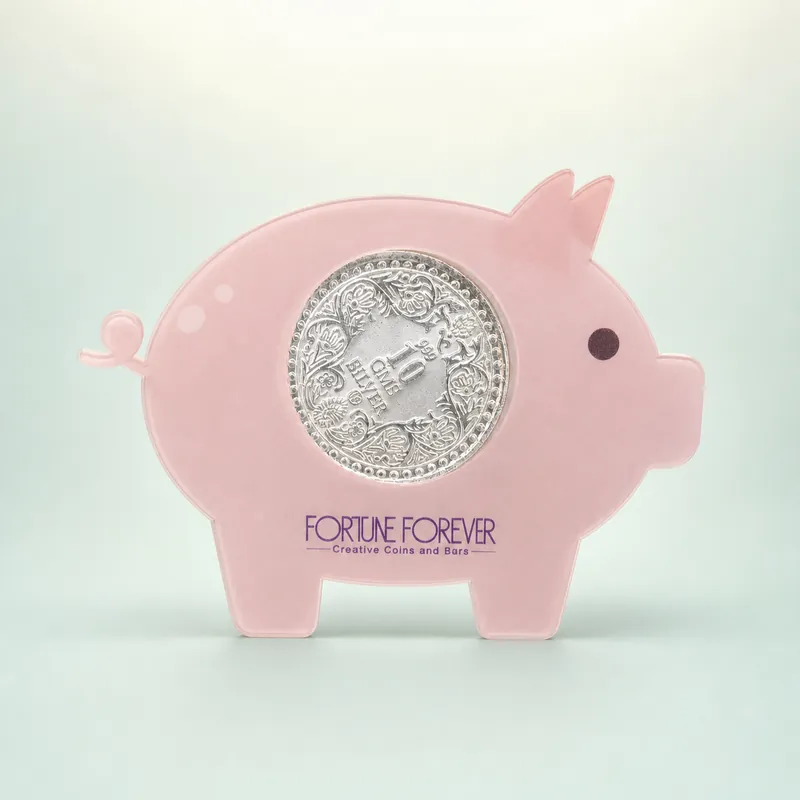 Pink Piggy-Bank Die-Cut Card with 10 GMS Ornate Silver Coin - front - 925 Sterling Silver