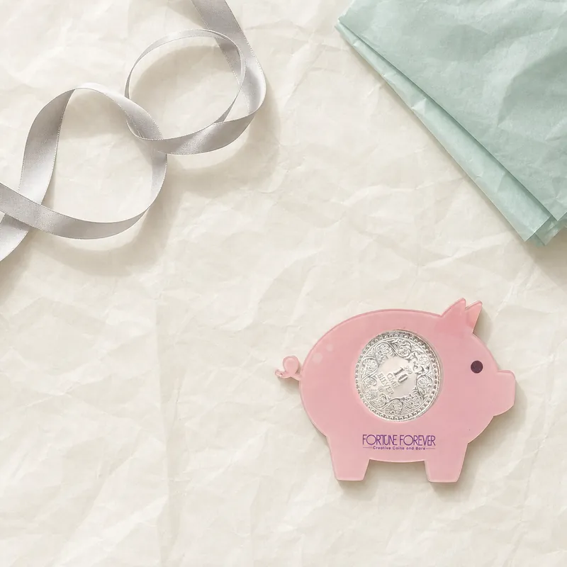 Pink Piggy-Bank Die-Cut Card with 10 GMS Ornate Silver Coin - detail - 925 Sterling Silver