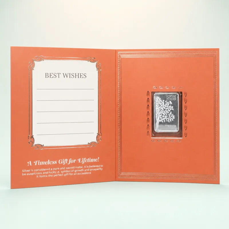Terracotta "Best Wishes" Folding Gift Card — 10g Tree-of-Life Silver Bar - front - 925 Sterling Silver