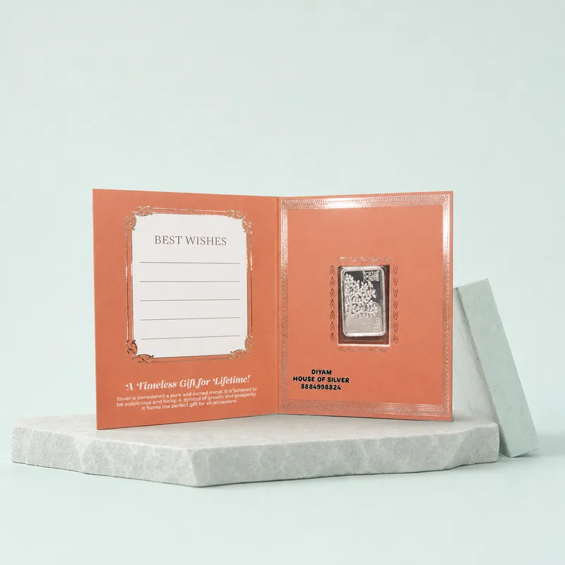 Terracotta "Best Wishes" Folding Gift Card — 10g Tree-of-Life Silver Bar - detail - 925 Sterling Silver
