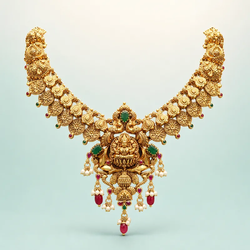 Lakshmi Kasu Bib Necklace — ★ BEST-SELLER — antique gold-polished temple bib necklace - 925 Sterling Silver on seaglass background