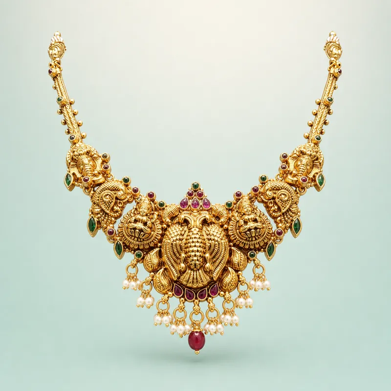 Nagas Peacock & Lakshmi Necklace — antique gold-polished nagas cluster necklace - front - 925 Sterling Silver